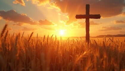 Wooden Christian cross stands in golden wheat field at sunset. Sun rays filter through stalks creating serene, ethereal atmosphere. Peaceful spiritual landscape with warm glow.