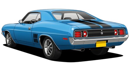 Obraz premium Classic blue muscle car with black racing stripes, rear view, isolated on white background