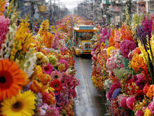 A vibrant street scene filled with colorful flower displays during the Panagbenga Flower Festival features a jeepney driving through the floral pathway