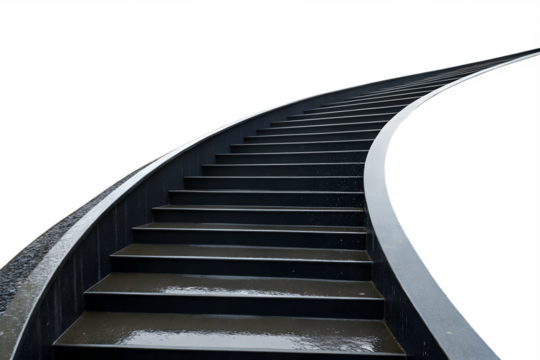 A curving modern metal staircase with patterned steps ascends into darkness isolated on white background
