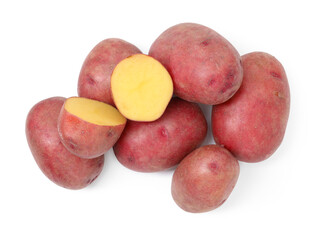 Whole and cut fresh red potatoes isolated on white, top view