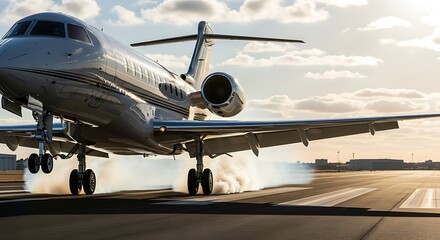 Obraz premium Luxury Private Jet Taking Off at Sunset, High-End Air Travel, Business Aviation.