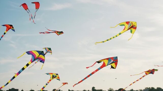 Colorful Kites Flying High in Summer Sky  Dynamic  Outdoor Recreation