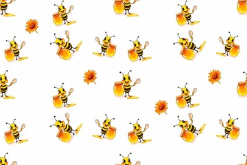 bee with honey. seamless texture (background) bee with a spoon near a glass jar with honey inside
