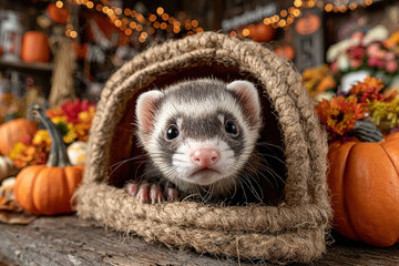A cute ferret peeks out from a cozy woven bed surrounded by vibrant autumn decorations, including pumpkins and colorful flowers, evoking a warm fall atmosphere