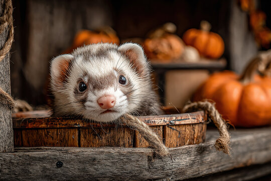 A curious ferret peeks over the edge of a rustic wooden basket surrounded by bright orange pumpkins, creating an adorable autumnal scene