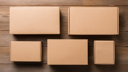 Fototapeta premium Five cardboard boxes arranged on a wooden surface