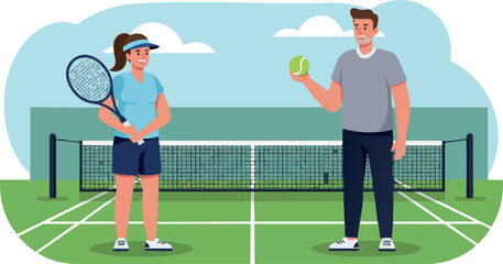 Fototapeta premium Tennis players holding racket and ball on outdoor court in casual sportwear 