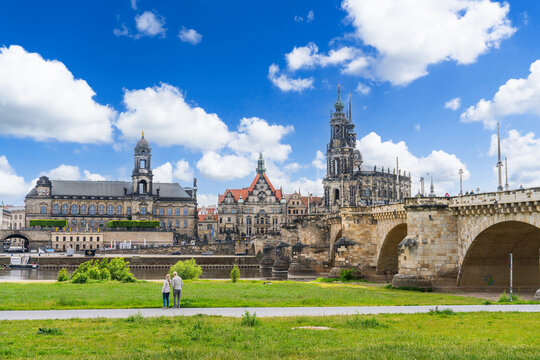 Dresden, Germany 8 may 2025 - Waterfront buildings and the Augustus Bridge of the city of Dresden seen from the other side of te Elbe