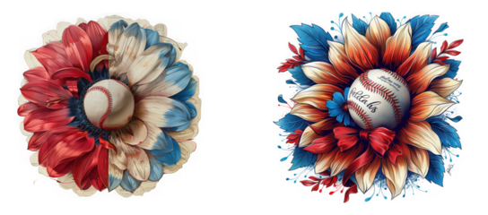 Two patriotic sunflowers with baseballs in the center, isolated on transparent background