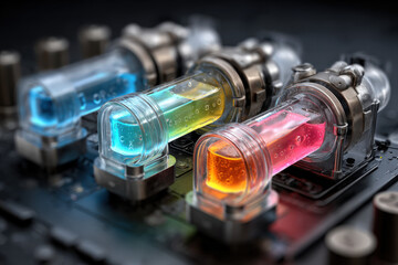 Colorful liquid containers sit on a dark surface, featuring blue, yellow, and red liquids with bubbles, showcasing a modern, scientific aesthetic in a laboratory setting