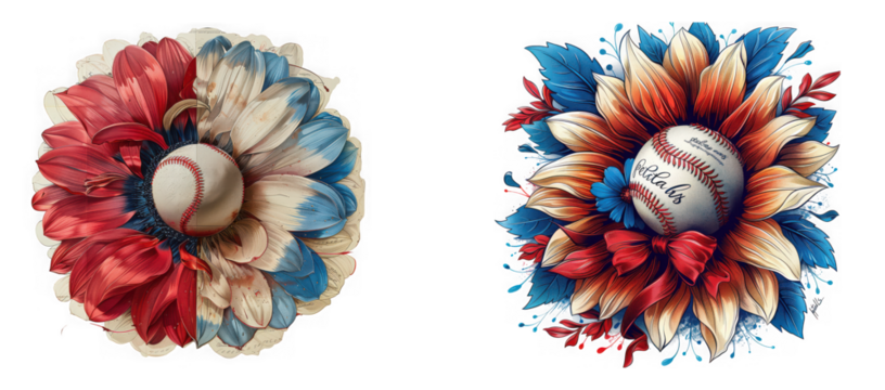 Two patriotic sunflowers with baseballs in the center, isolated on transparent background