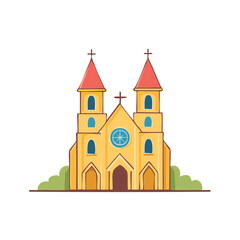Fototapeta premium Vibrant cartoon church with twin bell towers and crosses, a yellow spiritual building illustration.
