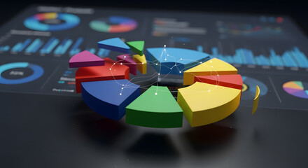 Deconstructed pie chart without names or symbols, with floating elements, representing market analysis and consumer trends. Photorealistic, HD.