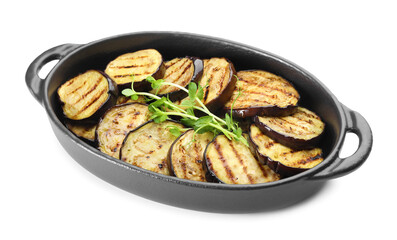 Grilled slices of eggplant with microgreens isolated on white