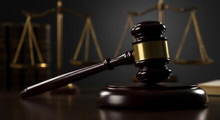 Close-Up of Judge&rsquo;s Gavel Striking Sound Block in Courtroom with Scales of Justice and Law Books Under Dramatic Focused Lighting&rdquo;