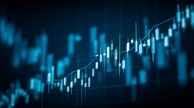 Stock market chart with candlestick pattern showing financial data in blue color scheme background