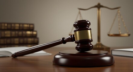 Close-Up of Judge&rsquo;s Wooden Gavel on Courtroom Desk with Law Books and Documents in Background Under Warm Focused Lighting&rdquo;