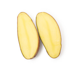 Pieces of fresh potato isolated on white, top view