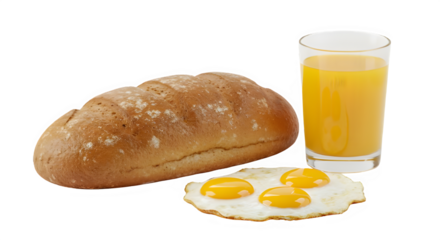 Breakfast with eggs, bread and juice isolated on white background.