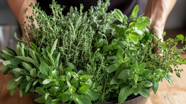 Fresh herbs in a bowl.