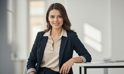 A beautiful and confident business woman smiles in her professional attire, embodying a successful and approachable corporate presence in a modern, well-lit office.