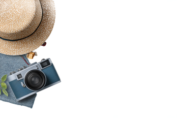 Summer vacation flat lay with straw hat and camera isolated on white transparent background