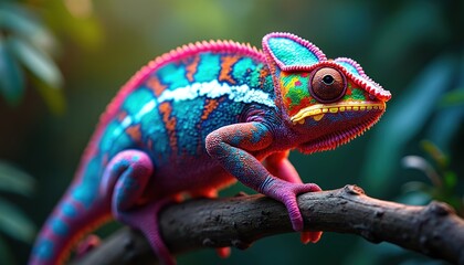 Fototapeta premium Vibrant chameleon rests on tropical branch displaying intricate scales, shifting neon colors. Body features mesmerizing pink, teal, orange patterns, with unique white stripe. Eyes large, detailed,