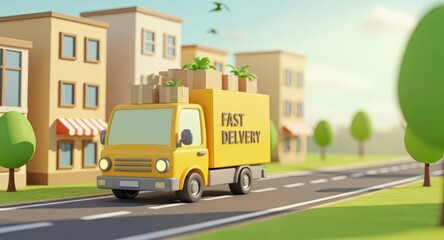 Fototapeta premium A cute 3D-rendered yellow delivery truck in a green city, representing eco-friendly logistics. A concept for sustainable shipping, e-commerce, and fast local delivery services.