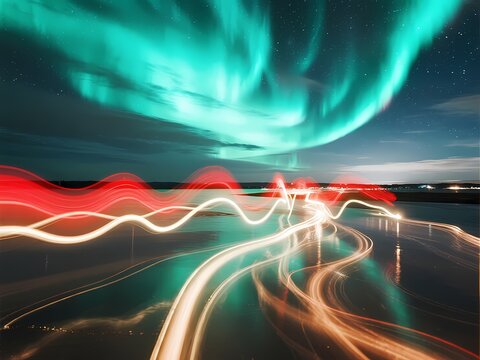 Witness the stunning dance of the Aurora Borealis, with vibrant light trails painting the night sky above a serene body of water, evoking wonder and the magic of nature's grand spectacle
