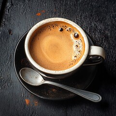 Flat lay of espresso spoon and saucer on rustic dark table with dramatic shadows