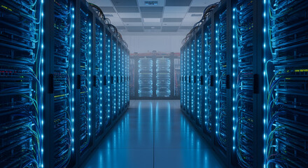 Server room with LED-lit racks, symbolizing the computational power behind data analysis. Photorealistic, HD.