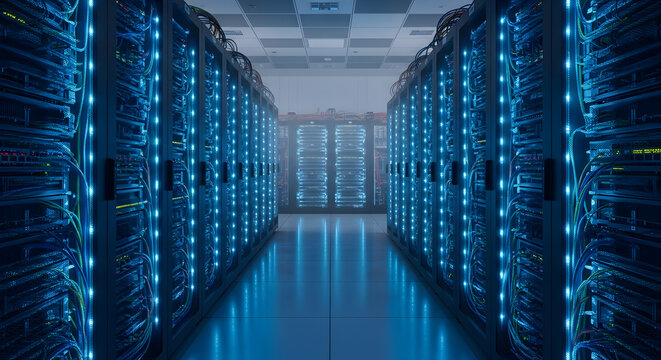 Server room with LED-lit racks, symbolizing the computational power behind data analysis. Photorealistic, HD.