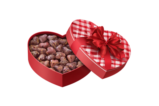 Red heart-shaped box of chocolates with bow, isolated on white transparent background - Powered by Adobe