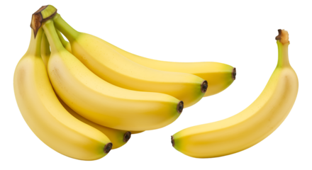 A bunch of ripe yellow bananas with one separate banana on a black background in a studio shot isolated on transparent white background]