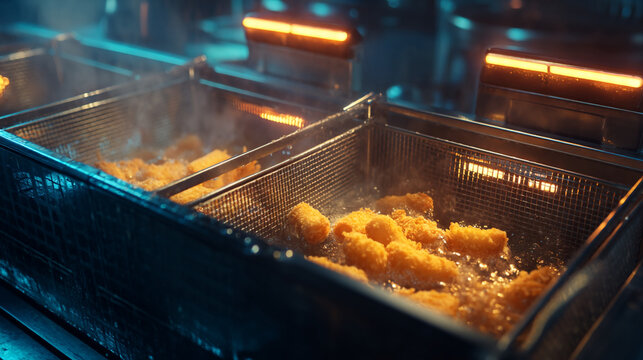 Close up of golden fried food being cooked in a commercial deep fryer with steam rising up around it