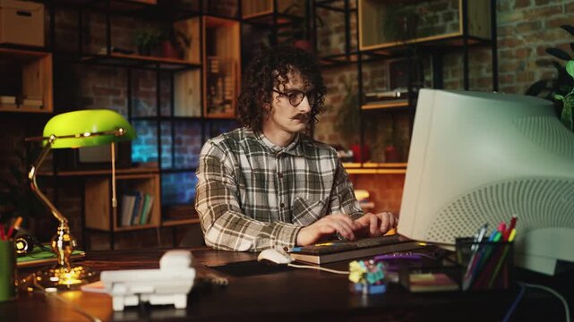 Male IT engineer in 90s typing on computer keyboard, creating new program