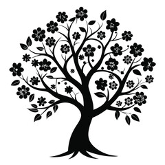 Obraz premium Black Silhouette of Elegant Floral Tree with Blooming Flowers and Leaves Illustration