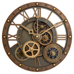 Intricate steampunk clock face with visible gears and roman numerals