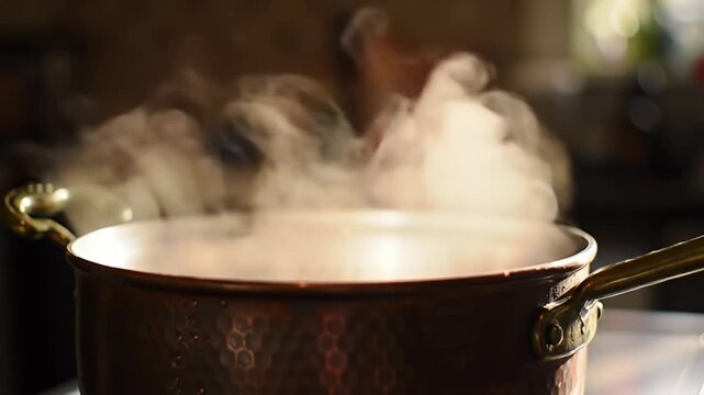 Steaming copper pot on a stove with brass handles, steam fills the warm kitchen