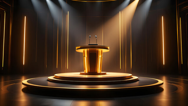 Elegant Gold Podium on Dark Stage with Dramatic Lighting,  Modern Award Ceremony or Presentation Background.