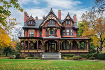 Fototapeta premium A Victorian-era mansion with intricate gothic details and a wraparound porch.