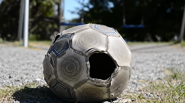 Torn, deflated soccer ball resting on gravel near sparse grass in a park setting