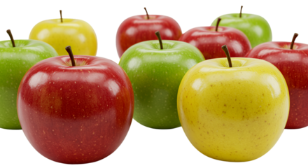 Close up of a group of colorful apples including red green and yellow apples on a plain black background isolated on transparent white background]