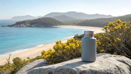 Reusable water bottle on rock overlooking scenic beach and mountains in nature
