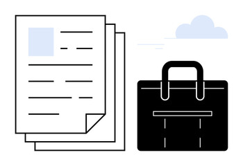 Stack of documents resembling resumes beside a black briefcase under a minimalist cloud. Ideal for job search, recruitment, career growth, portfolio management, employment, personal branding, simple