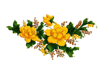 Vibrant yellow floral design with green leaves and berries, isolated on white transparent background