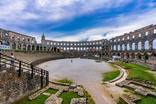 Pula, Croatia, 18 April 2025 - Inside of the Pula Arena, the old roman theater in the old town of Pula