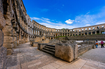 Pula, Croatia, 18 April 2025 - Inside of the Pula Arena, the old roman theater in the old town of Pula