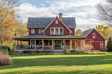 A rustic farmhouse with a wraparound porch and a red barn.